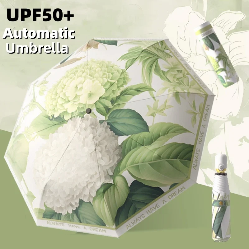 

UPF50+ Vinyl Automatic Floral Umbrella Foldable UV Protection Sun Rain Dual Use Outdoor Parasol