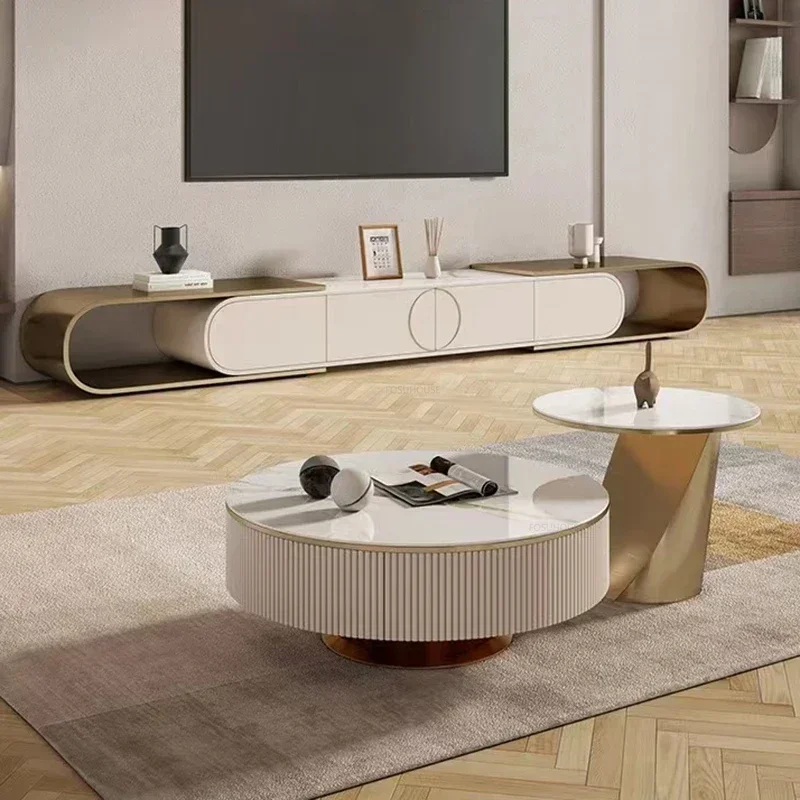 Golden Stainless Steel TV Stand Slate Table Storage Cabinet Modern Living Room Furniture Light Luxury Home Telescopic TV Cabinet