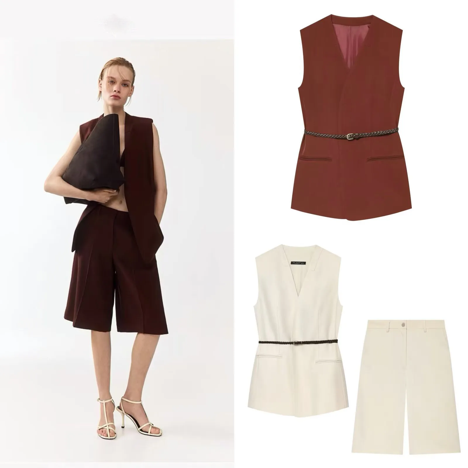 Early Autumn New Arrival Women's Fashion Vest Suit Short Pants High Waist Breathable Polyester Fiber Zipper Closure Five-Quar...