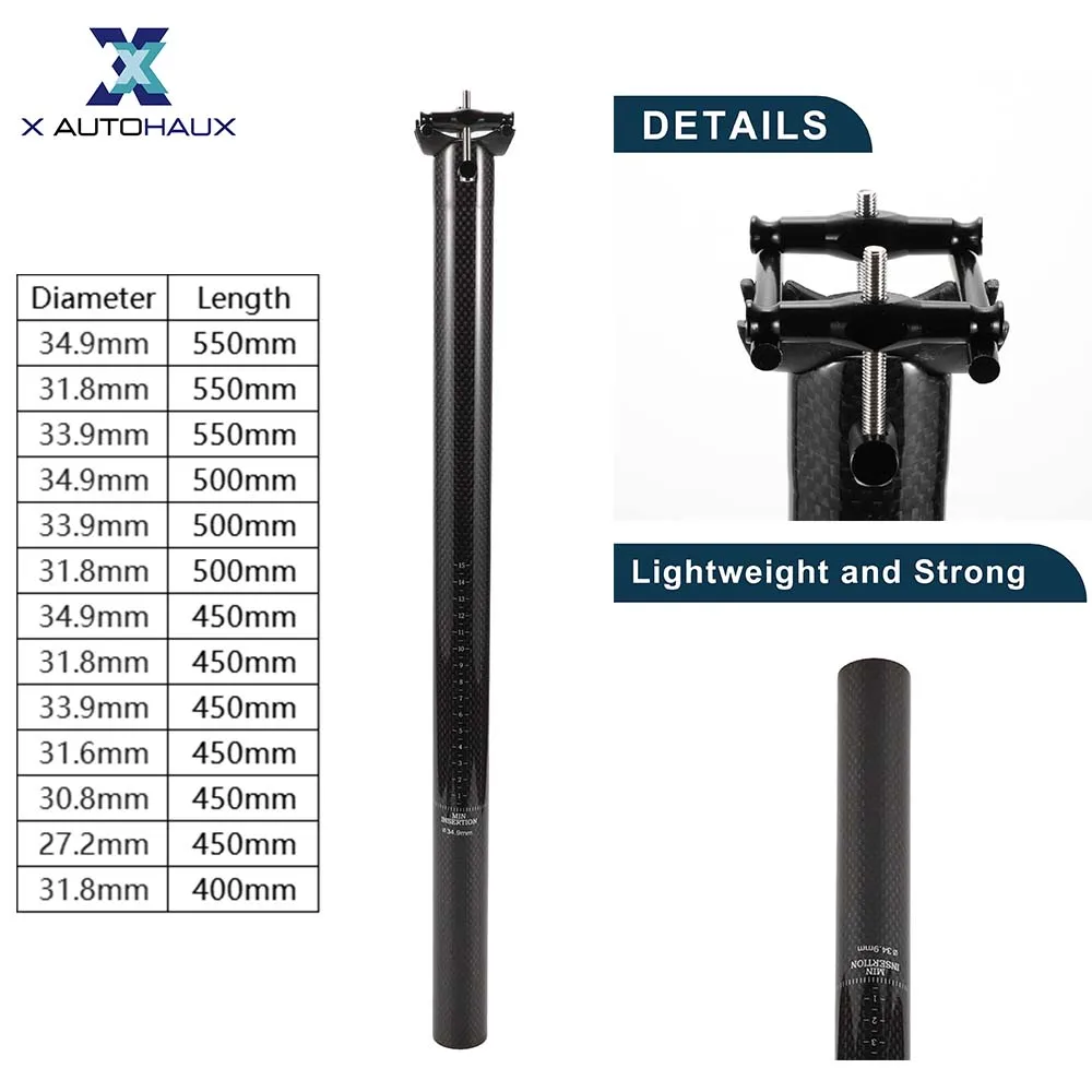 X Autohaux Bike Seat Posts Shock Absorbing Bike Saddle Post Seat Tube Gloss Black 34.9x550mm 34.9x500mm 33.9x450mm Carbon Fiber