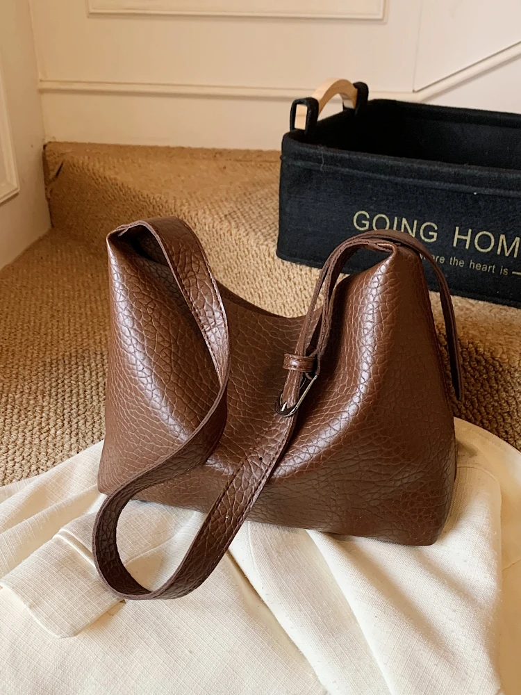 High End Texture Lichee Pattern Women Messenger Bags Autumn Winter Retro Solid Color PU Shoulder Bag Trend Simple Underarm Bag