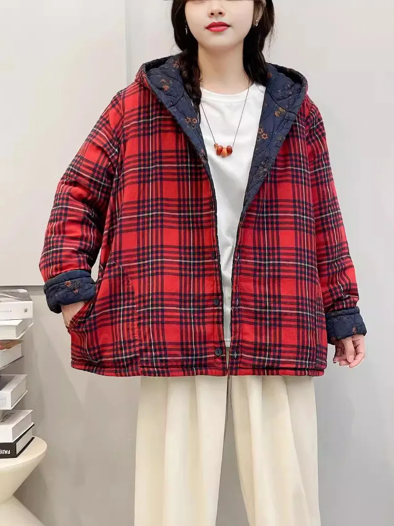 Floral Print Cotton Jacket Women's Loose Fit Double-Sided Wear Thermal Coat Autumn Winter Vintage Style Long Sleeve Hoodie
