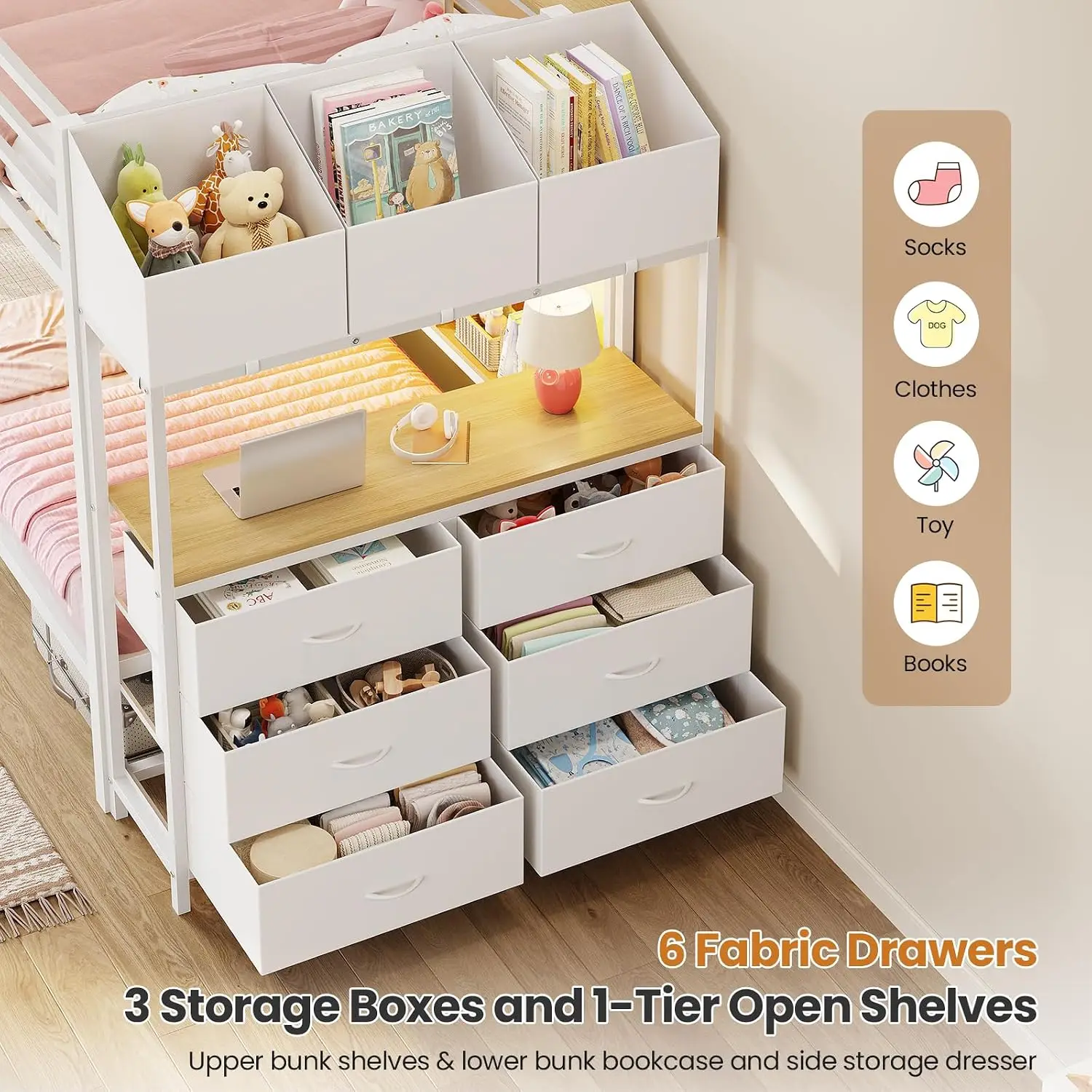 Twin Over Twin Bunk Bed with 6 Storage Drawers,Led Lights and Charging Station Metal Bunk Beds, Customized