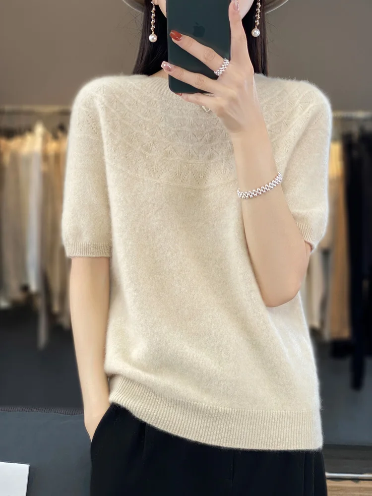 

M.Chic 100% Merino Wool Women's Pullover Half-Sleeved Sweater Female Hollow Out Knitwear Spring Summer New Fashion Soft Tops