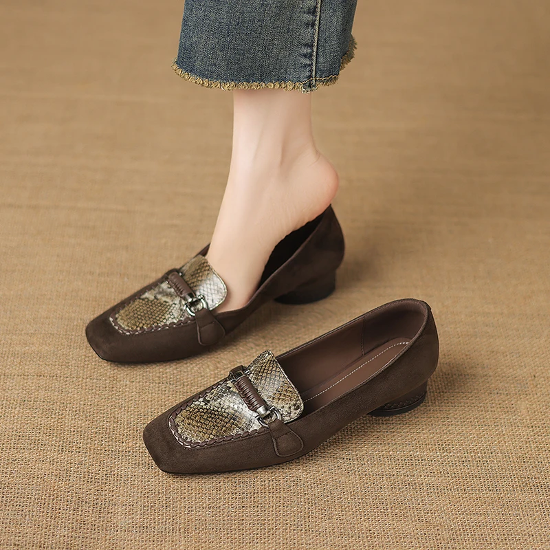 2026 spring summer women pumps natural leather 22-25cm snake pattern sheepskin square toe round heel loafers women shoes