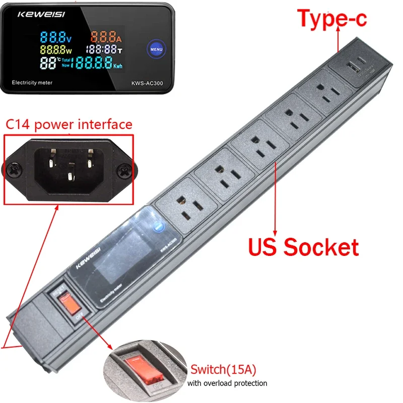 Digital Ampermeter Voltmeter Ammeter Power Strip With Switch 2/3/4/5/6/7/8/9Ways US Socket USB+Type-C C14 interface