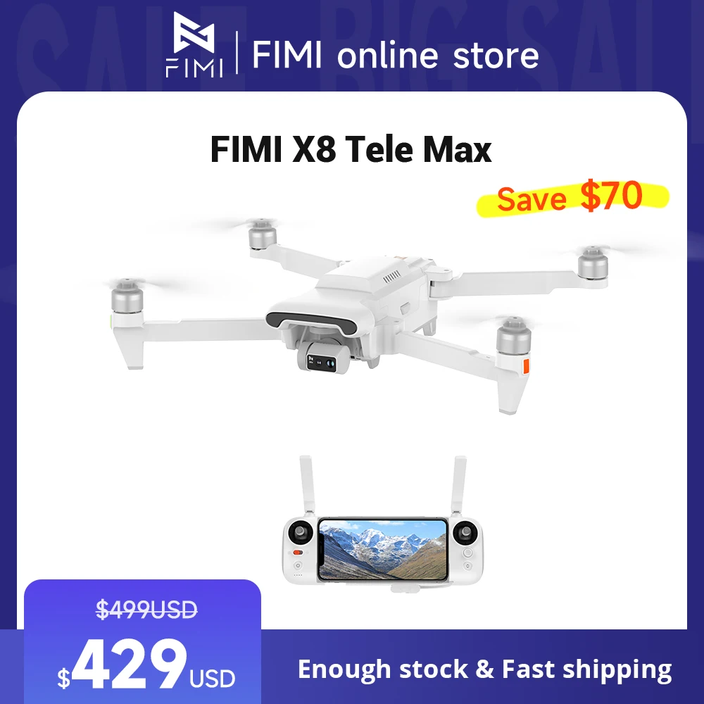 طائرة FIMI X8 Tele Max Drone مقاس 1/2 بوصة CMOS 4K 60 إطارًا في الثانية، كاميرا تكبير هجينة 30X مع محورين ثلاثي المحاور، وضع AI Super Night GPS FPV RC