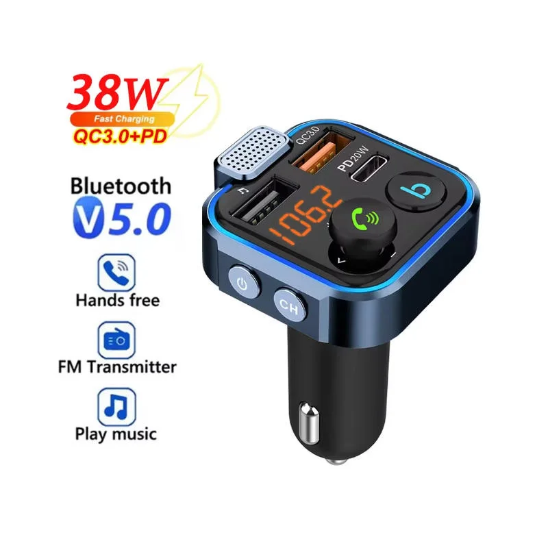 Bluetooth V5.3 Car Fm Transmitter Mp3 Player with B-Key for Switching Sound Effects, Rgb Colorful Ambient Light, Pd20W Output, Super Fast Charging for Mobile Phones, Qc3.0 Charging Function, Bluetooth Hands-Free Calling, Music Playback, Universal for 12-24V Vehicles