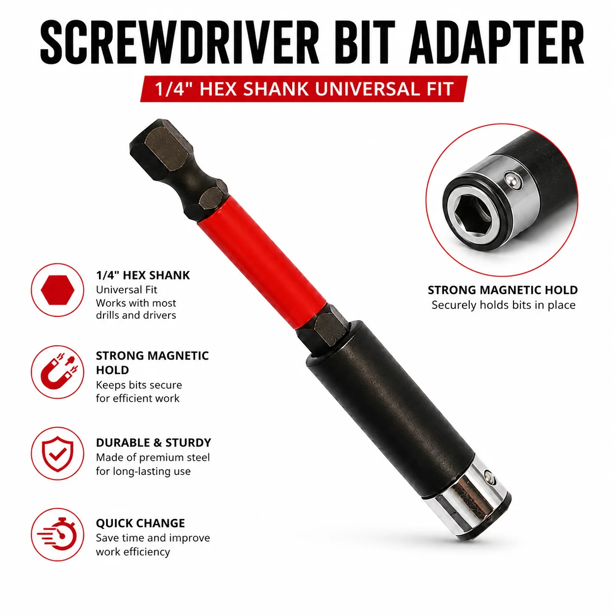 1/ 4inch Hex Shank Bit Adapter, Industrial-Grade Quick-Change Screwdriver Bit Adapter, 75mm Extended Design, Special Extension Rod for Woodworking / Auto Repair / Furniture Installation