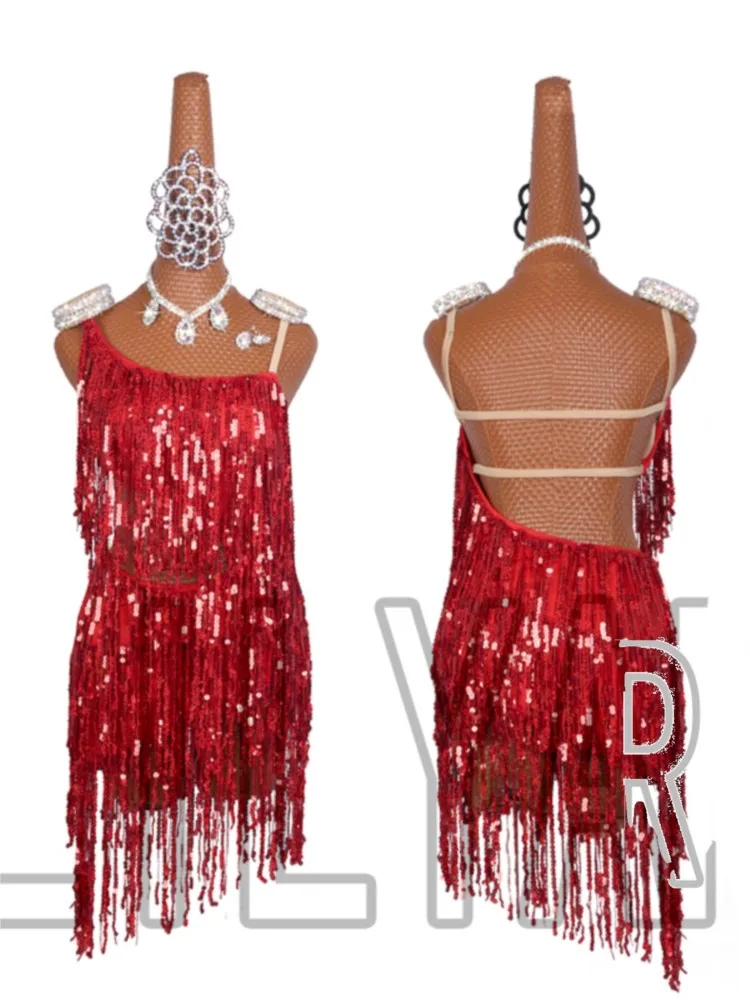 

Latin Dance Competition Performance Dress Belt Denim Cha Adult Red Sequin Backless Dynamic Dz Skirt