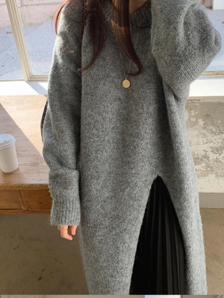 Winter Women Dress Oversize Dresses Knitting Fall Sweater Women Dress Long Sleeve Knitted Dresses Maxi Vintage Thick White Maxi