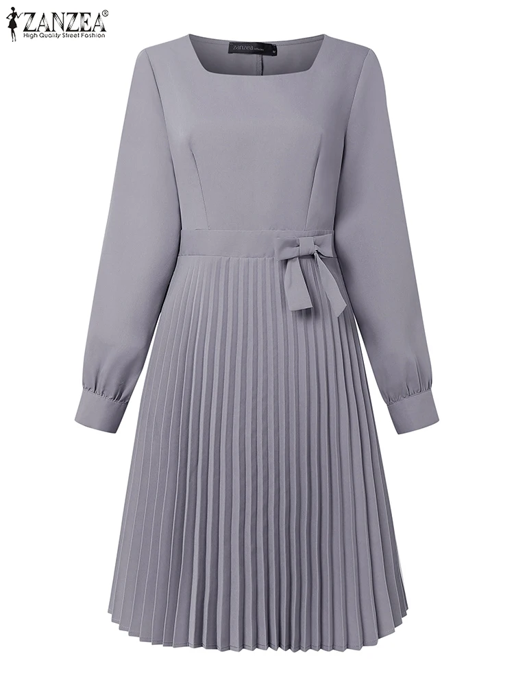 Frauen 2025, elegantes Langarmkleid ZANZEA Herbst, quadratischer Ausschnitt, Büroarbeitskleider, stilvolles Partykleid, solides Plissee-Sommerkleid