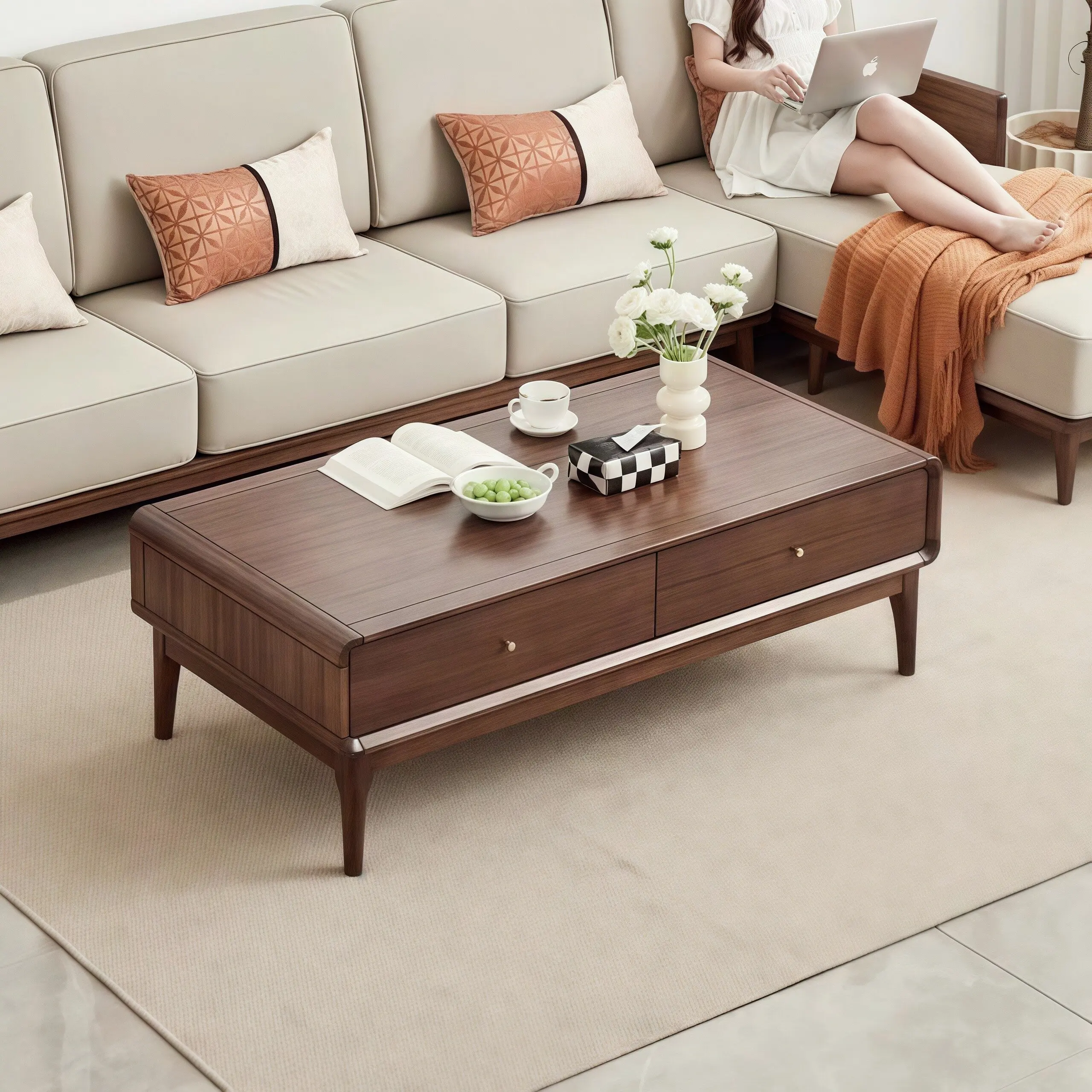 YFY black walnut coffee table living room Nordic modern simple all-solid wood TV cabinet  coffee table with four drawers table