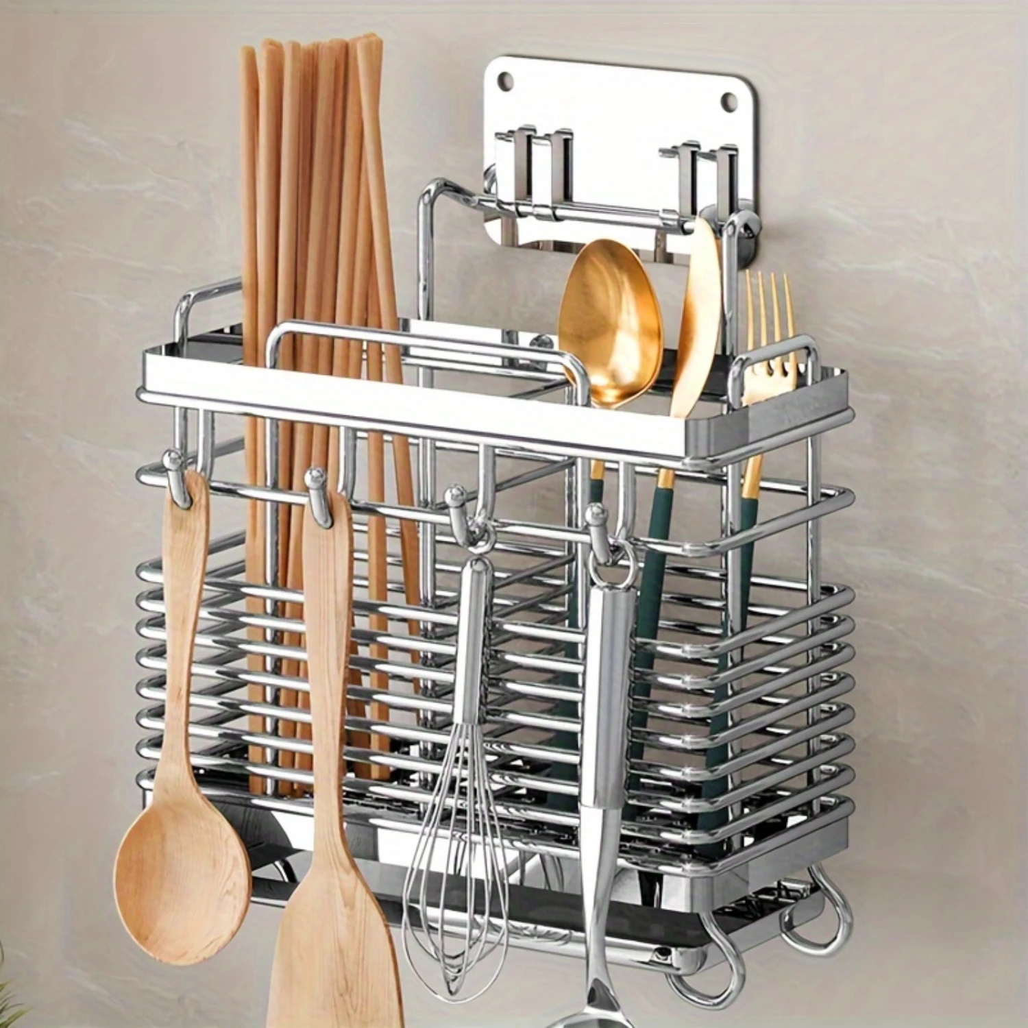 1 Pc Stainless Steel Fork Spoon Rack, Chopsticks Cage, Chopsticks Basket, Stainless Steel , Countertop Or Wall Hanging Dual-use,