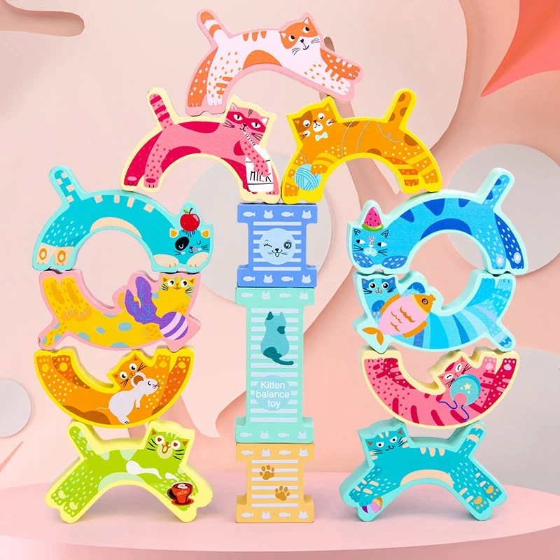 2023 Hot-Wooden Kitten Equilibrio Building Blocks FAI DA TE Impilabile Giocattolo Blocchi di Legno Giocattoli Per Bambini Colorato Impilabile Blocchi di Legno Blocco giocattoli