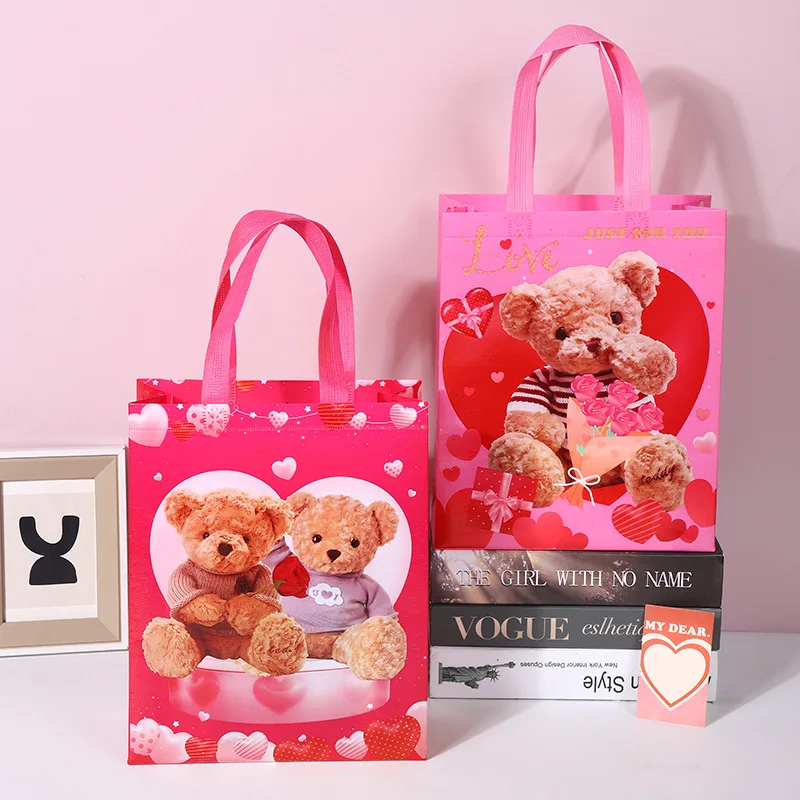 StoBag, Cute Teddy Bear Gift Bags with Handles for Valentine's Day and wedding, Reusable Non woven, Packing candy goodies, 12/30