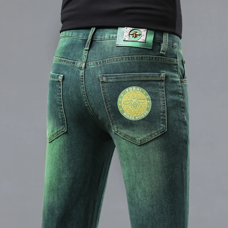 Emerald green jeans for men2024new affordable luxury fashion high-end Korean style fashion elastic slim fit ankle tight trousers