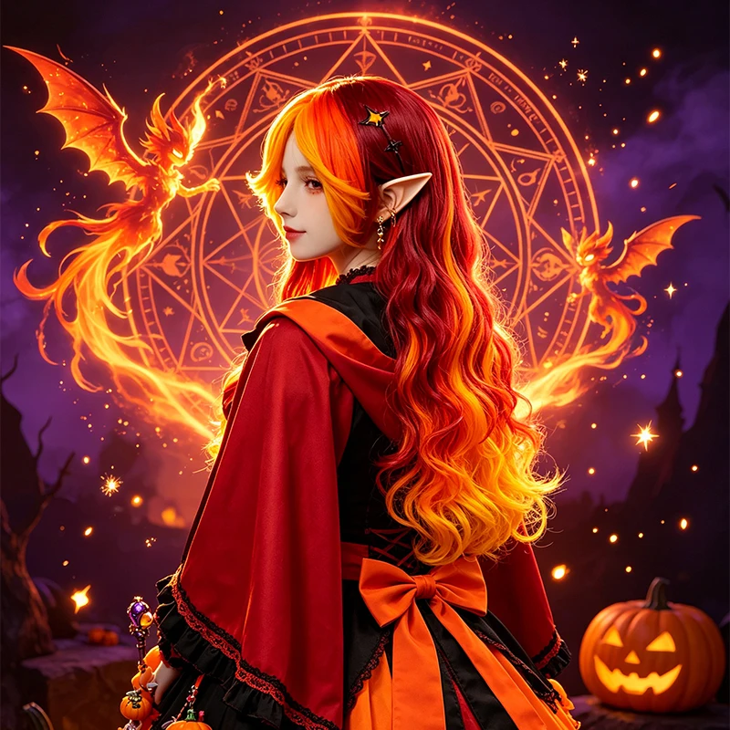 Red Orange Split Ombre Long Wavy Wig Synthetic Hair Layered Bangs Flame Anime Cosplay Halloween Party Full Wigs for Women Girls