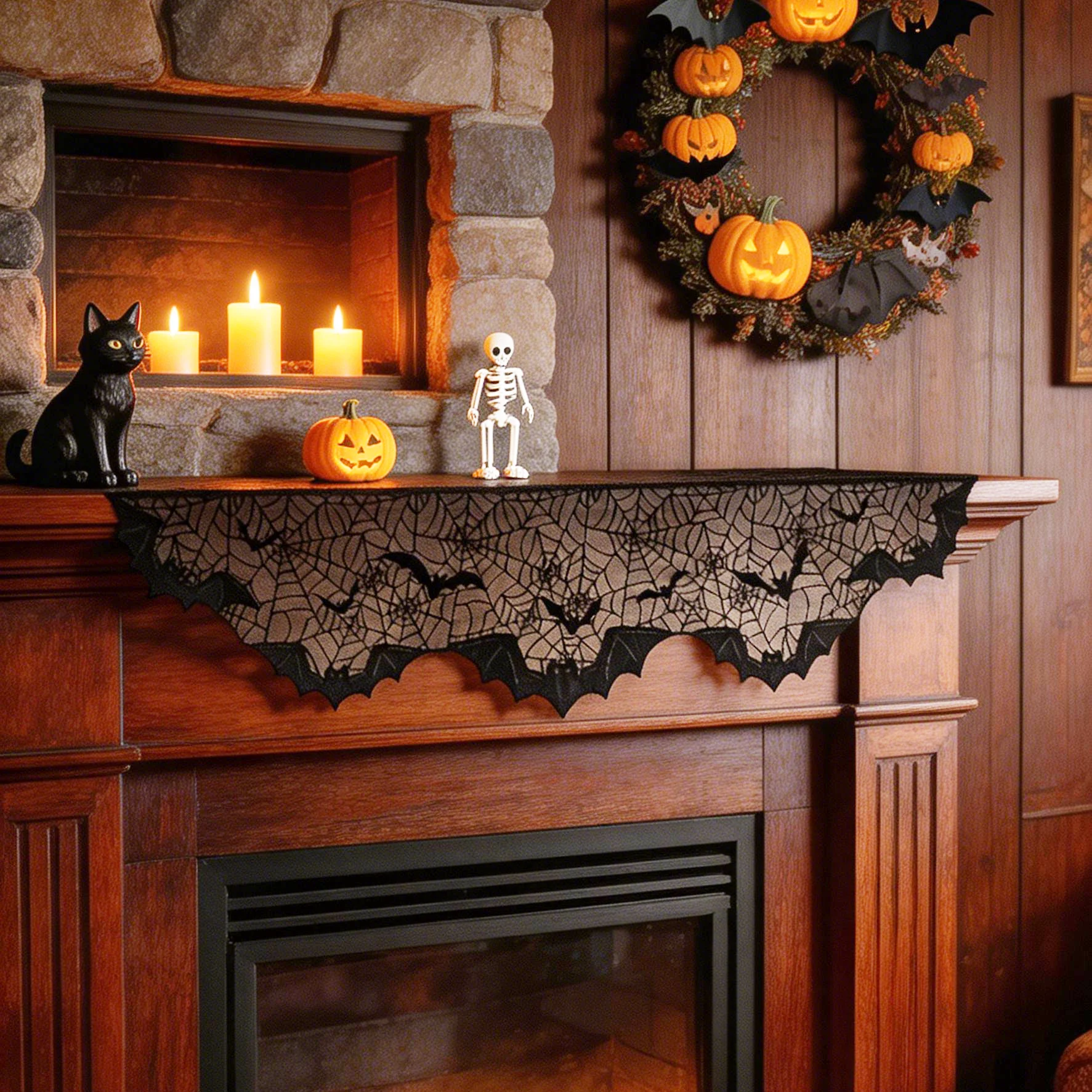1PC Black Spider Web And Bat Halloween Horror Vibe Warp Knitted Lace Fireplaces Stove Towel for Festive Decor