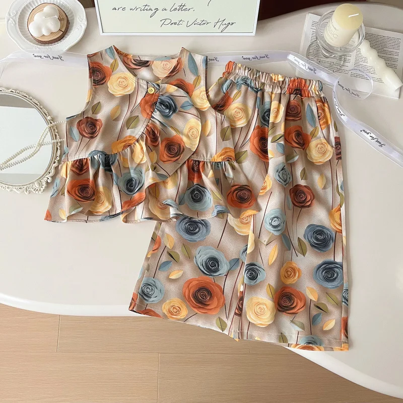 

Children's Outfit Pants New Style Girls' Summer Floral Vest Top Pants Casual Two-Piece Set Kids' Clothing