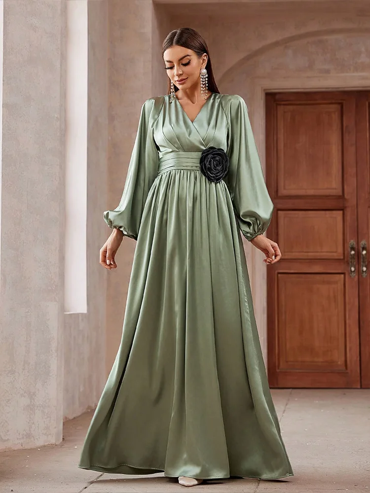 Dubai Abaya for Women Satin Flower Maxi Evening Party Dress Muslim Kaftan Eid Islam Jalabiya Caftan Marocain Femme Vestidos Gown image 4