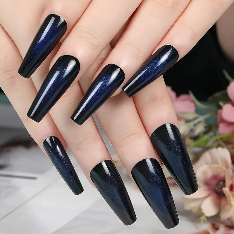 24 Stück künstliche Nägel, lang, für Damen, schwarz, blau, quadratische Nägel, künstliche Acryl-Fingernägel für Mädchen, selbstklebend, zum Aufdrücken der Nägel