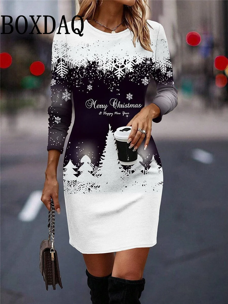 Round Neck Long-Sleeved Women\'s Party Dress Christmas Tree Snowflake Print A-Line Dress Winter Fashion Casual Loose Mini Dresses