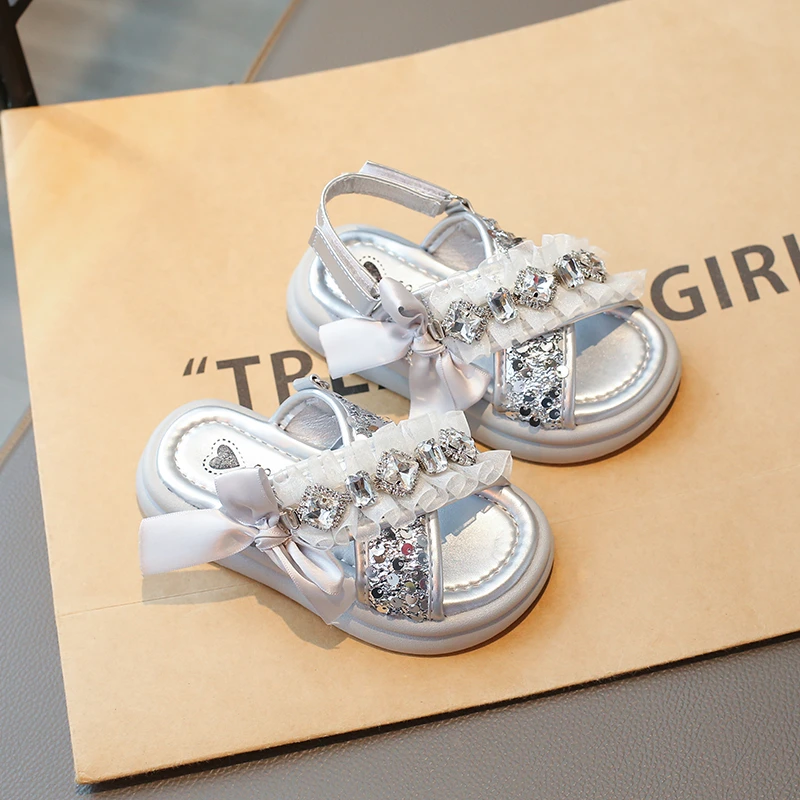 Kids'Casual Shoes Fashion Sandals PU Leather Crystal Sequin Summer Shoes For Girls Breathable Silver Shoes Size 26-37