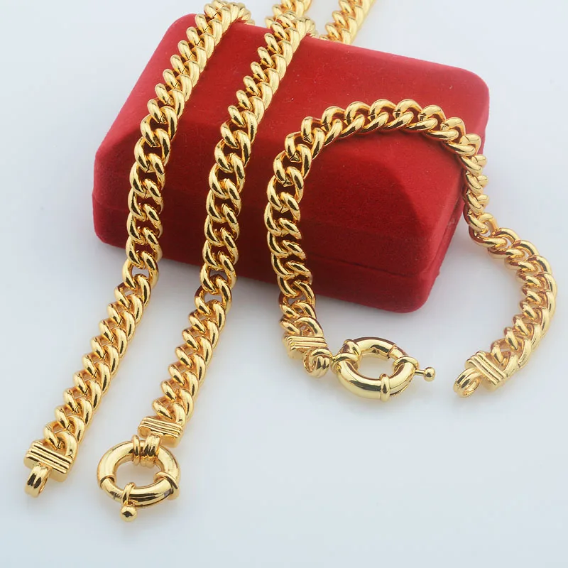 1pcs Chunly Heavy Wide 10MM Chains Man Woman Gift Yellow Gold Color  Link Curb Necklace 20inch Bracelet