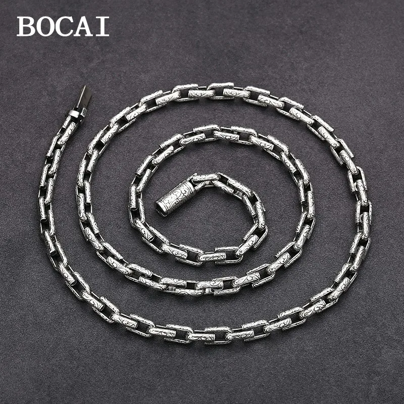 

BOCAI 5MM New S925 Sterling Silver Vintage Fashion Tang Grass Pattern Horseshoe Buckle Coarse Style Necklace for Men and Women