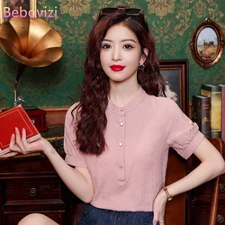 2024 Summer New Stand Collar Short Sleeve White Pink Blouse Women's Solid Color Shirt Tops