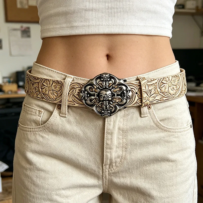 Cross Pattern Belt for Men and Women with Carved Metal Buckle, Versatile Punk & Vintage Trendy Belt