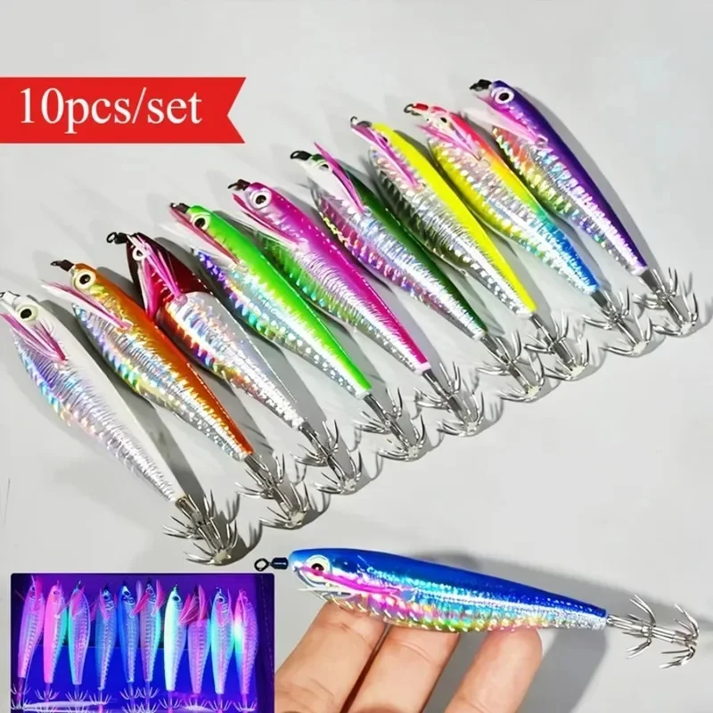 10Pcs Horizontal Egi Squid Jig Set,10.5cm 3.5# Glow UV Simulation Shrimp Bait,Sea Fishing for Octopus Cuttlefish Large Squid