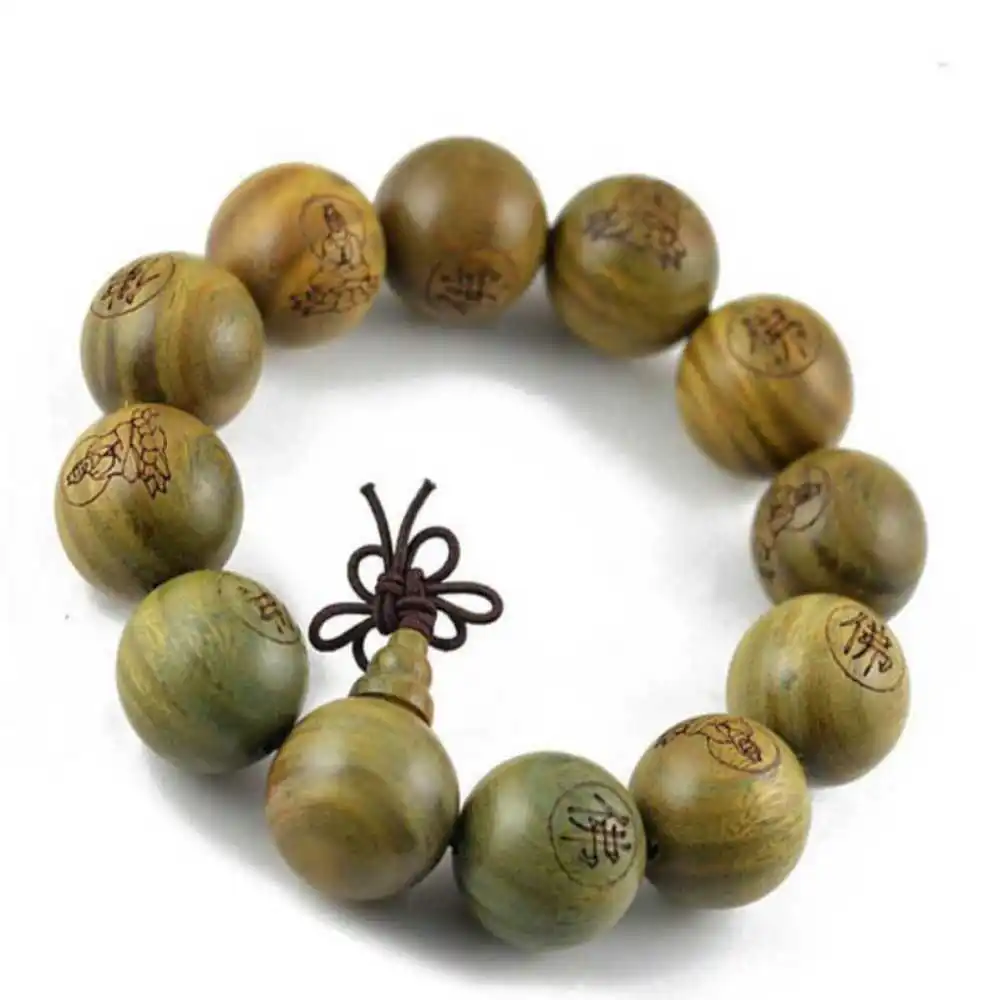 10mm Natural green sandalwood carved buddha's bracelet Bless Yoga Gift Seven Chakras Calming Diy Restore Spirituality Men