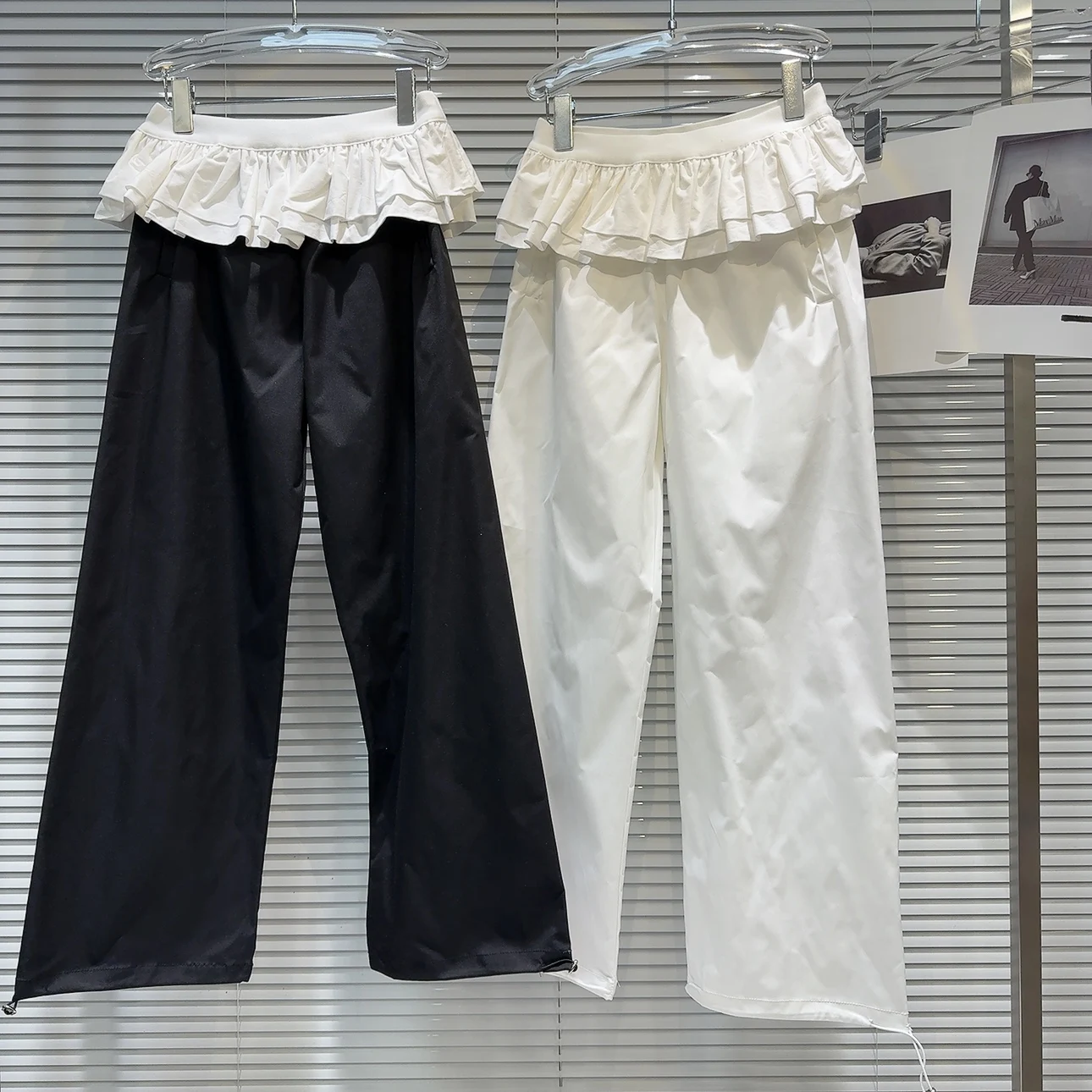 セクシーでトレンディな折りたたみウエスト、ワイドレッグのカジュアルパンツ、2025年秋のストリートスタイル、ウエストロングパンツのツーピースセット