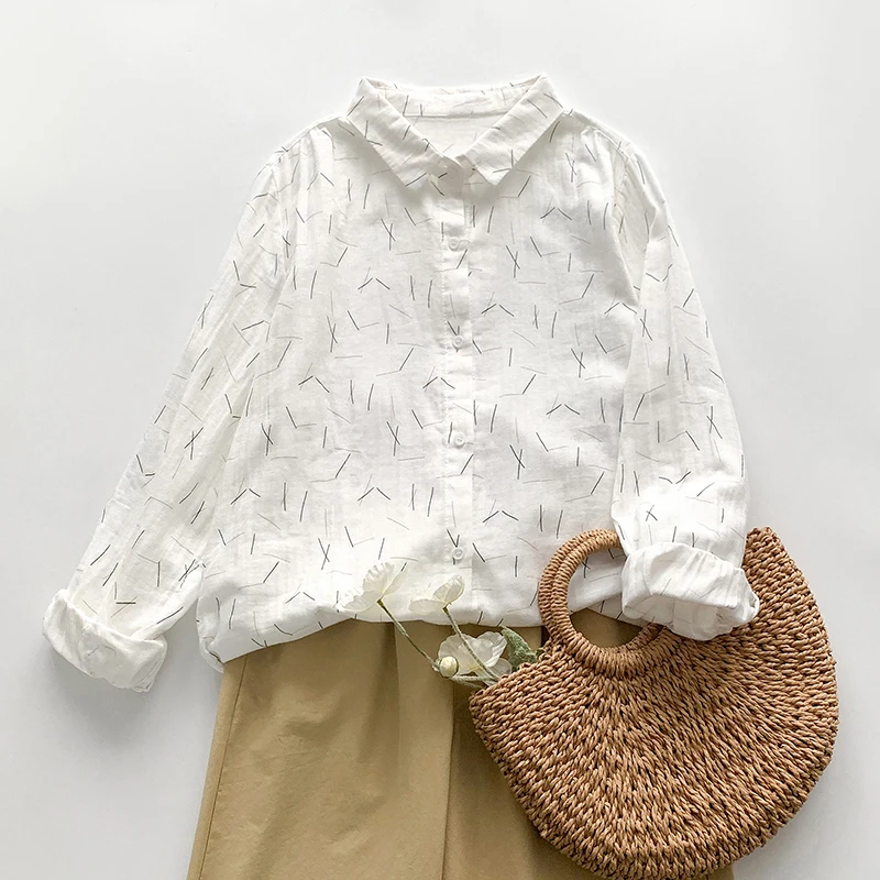 

Artistic Sle Long Sve Cotton irt Women's Casual Design Lines Single Button Spring Autumn Wear Double Layered Loose Fit