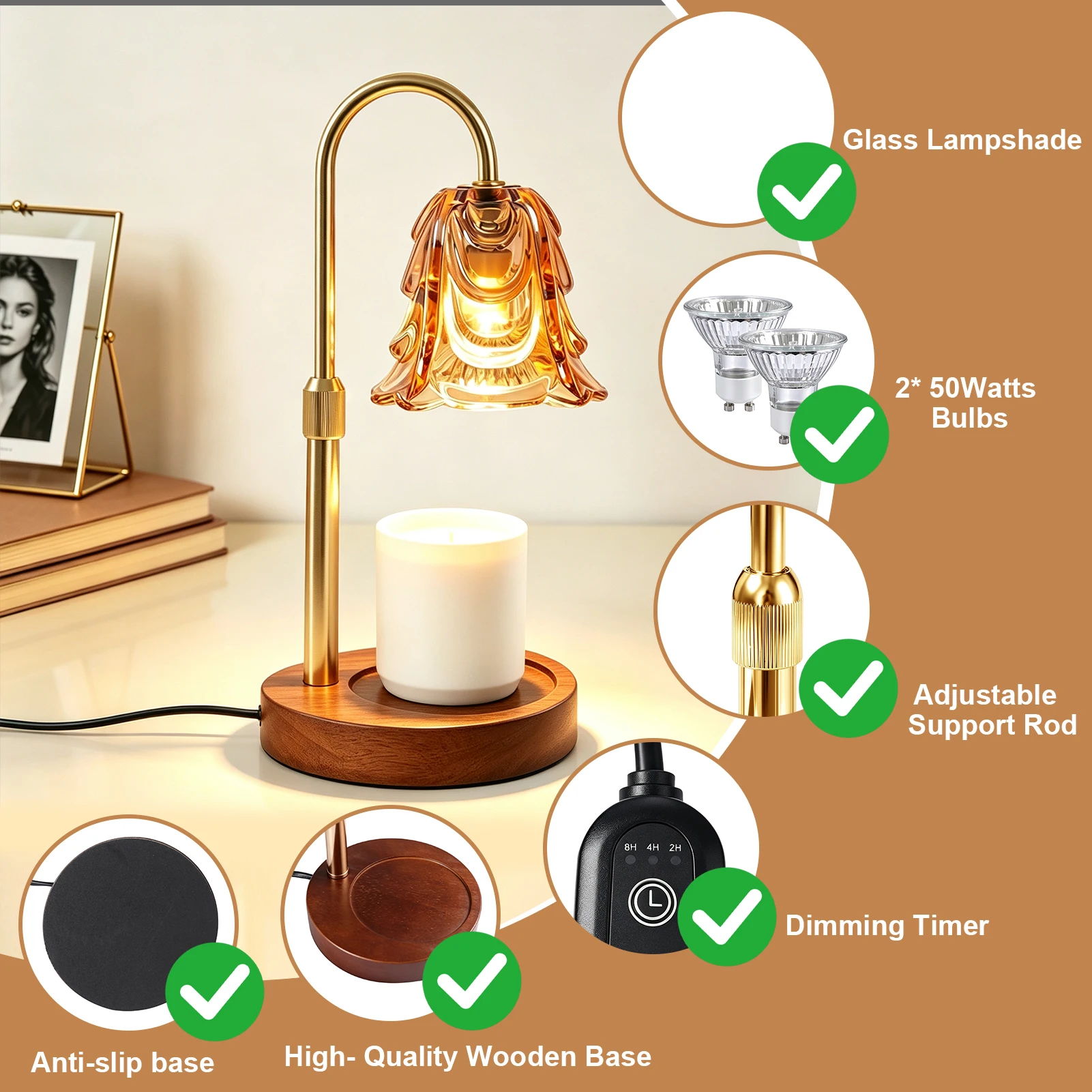 Gold Candle Warmer Lamp with Timer & Dimmer Adjustable Height Elegant Flower Vintage for Home Table Lamp Bedroom Ofice Birthday