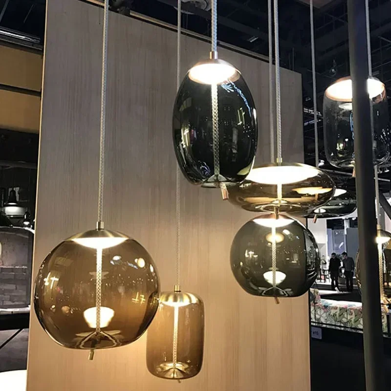 Thick Hemp Rope Glass Hanging Lamps Dinning Room Oval Ceiling Chandelier Modern Grey Sphere Led Pendant Lamp Decorative Lights