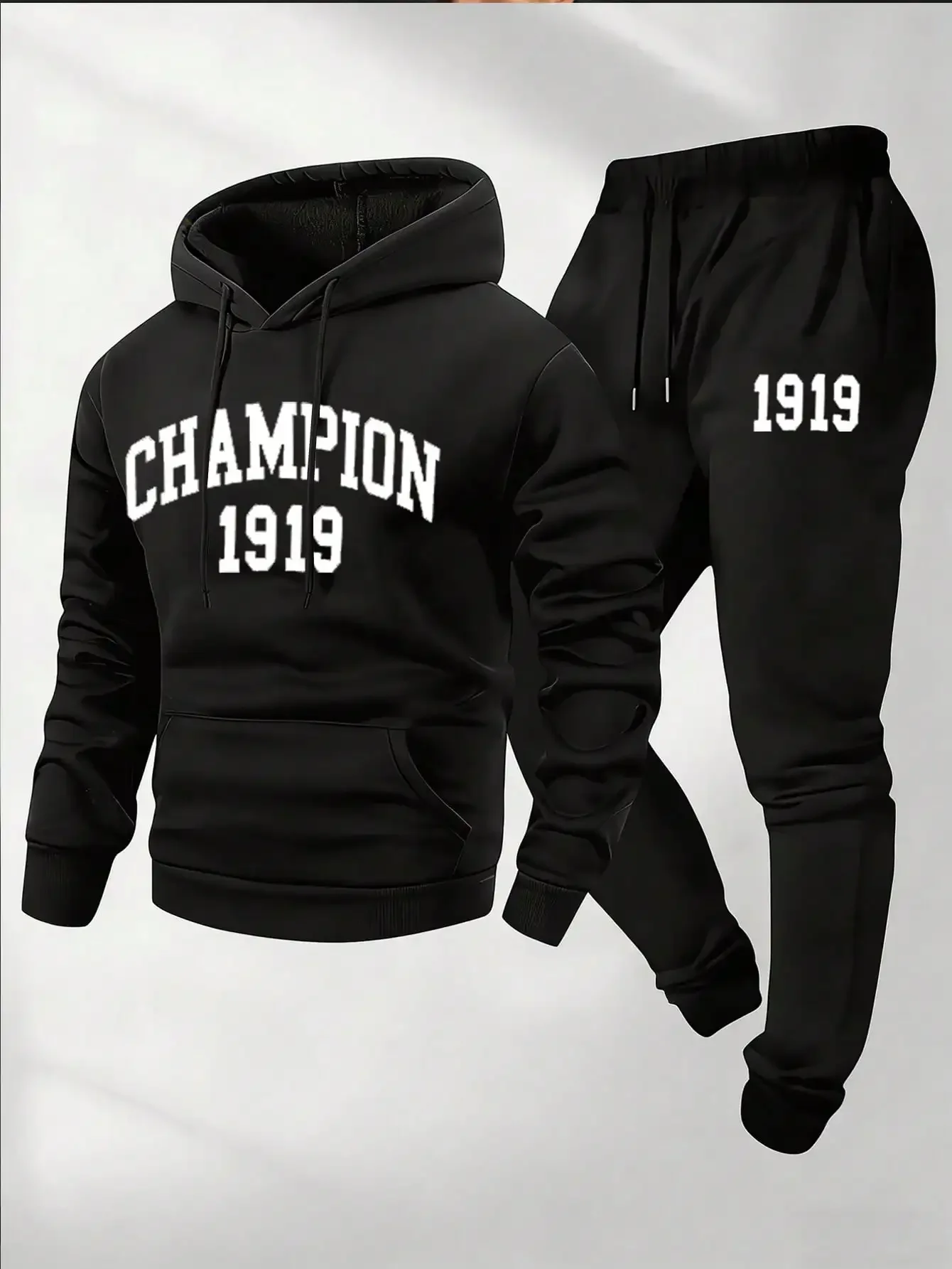 Men's Classic Champion 1919 Print Hoodie Set, including hooded sweatshirt and tapered jogger pants, sports outfit