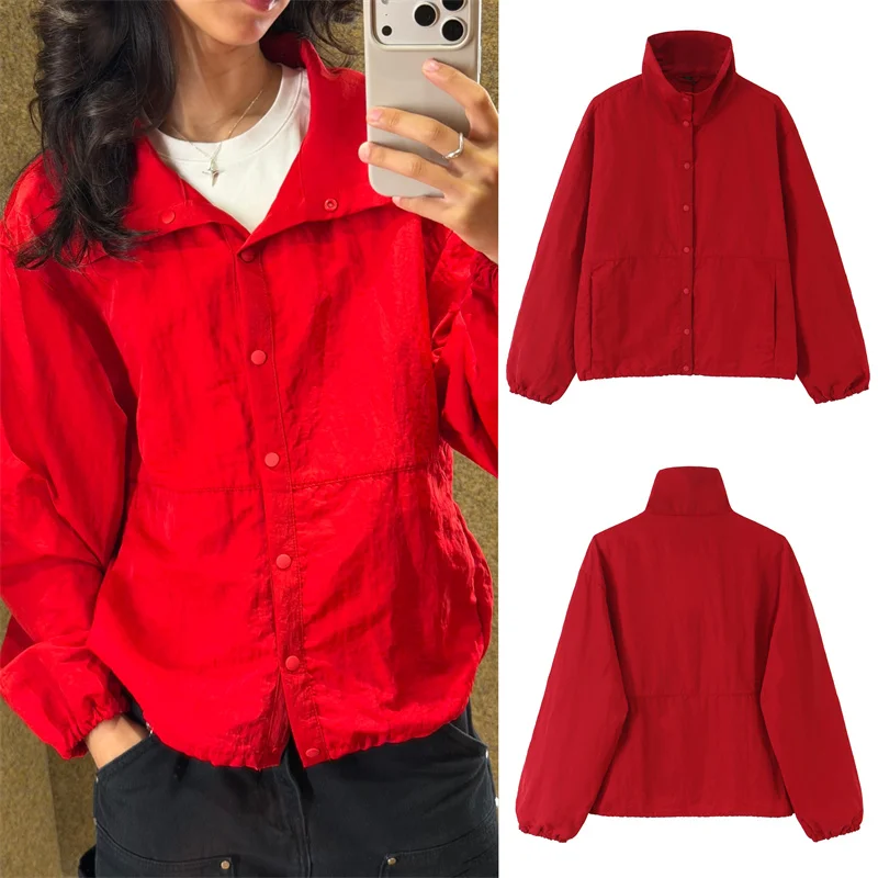 Guobioziy Women's Jacket 2026 Early Autumn New Style Fashionable Versatile Stand Collar Snap-Button Tech Fabric Jacket