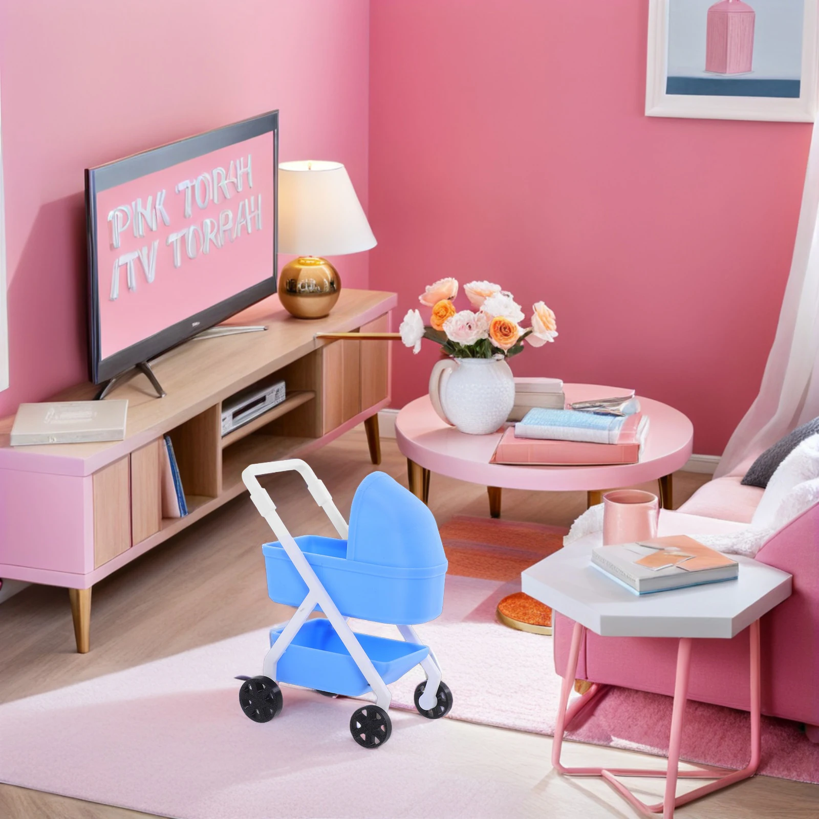 1:12 스케일 어린이를 위한 현실적인 인형의 집 유모차 미니 유모차 조립 필요 없음 경량 미니 하우스 가구와 호환 가능