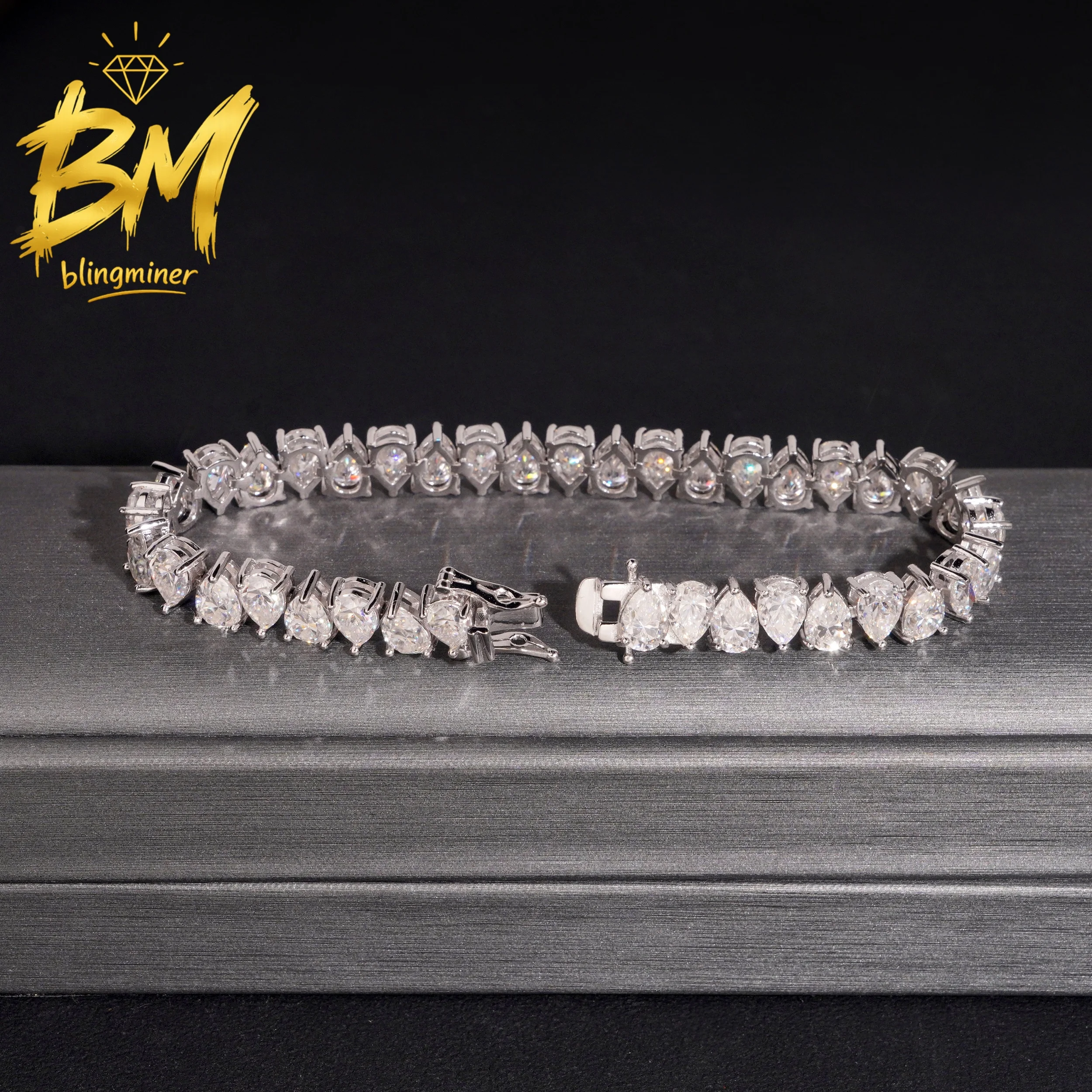 Blingminer 5mm Pear Shape VVS Moissanite Tennis Chain Bracelet For Men Women S925 Silver Jewelry Pass Diamonds Tester GRA