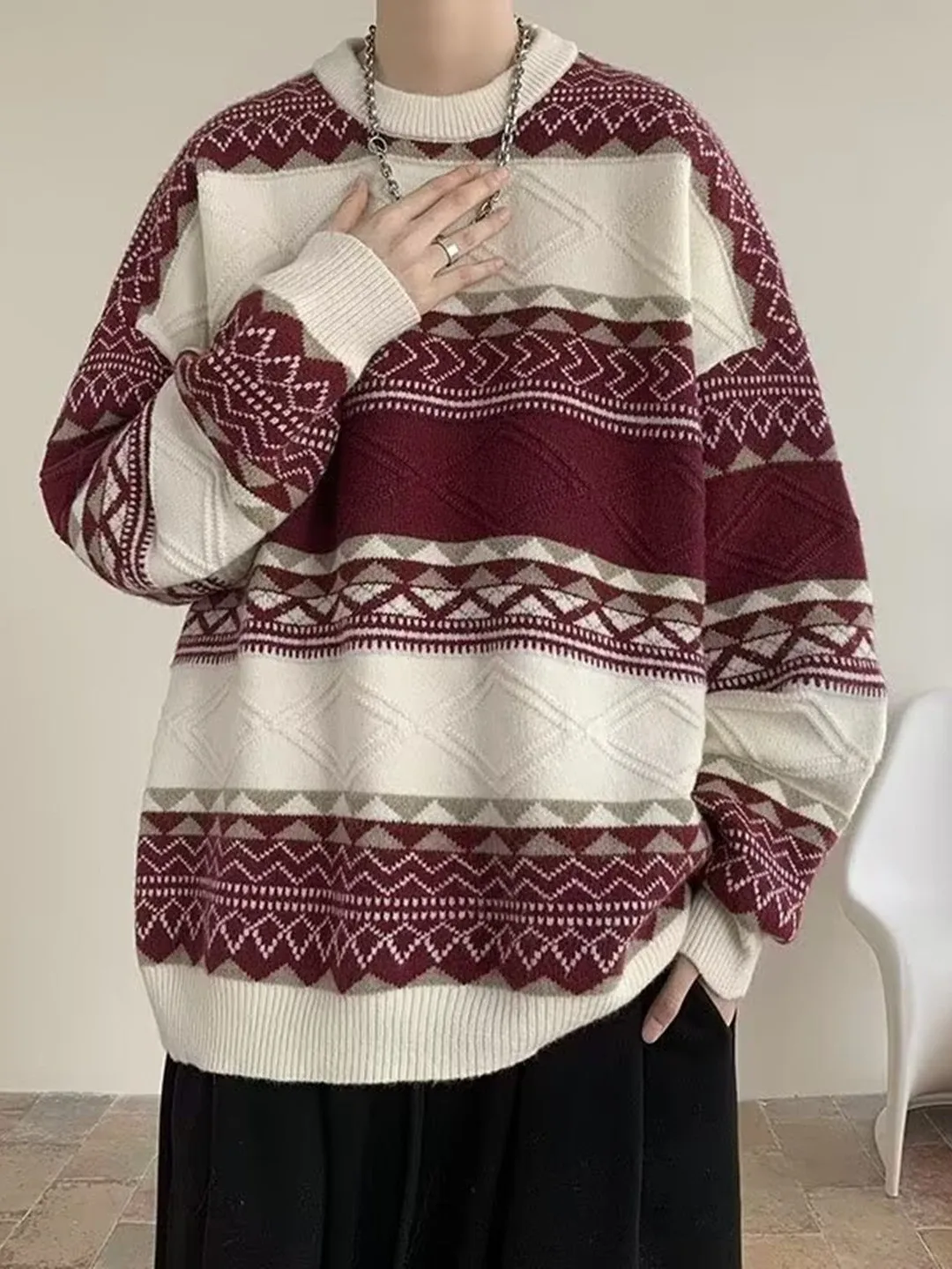 

Laid-ba Loose Knitted Sweater Casual Leisure Men's Women's 2025 New Autumn Commuter Sweater Warm Geometric Pattern
