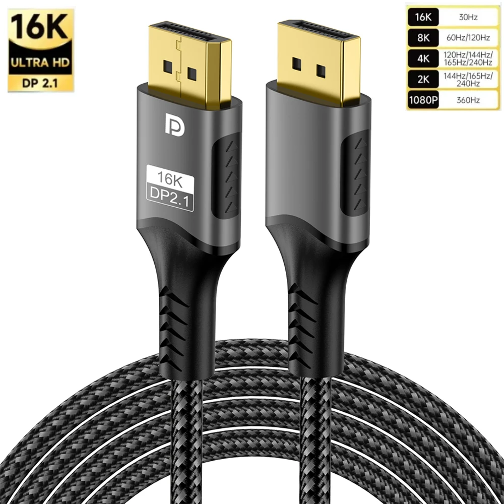 16K DisplayPort Cable 2.1 8K DP 2.1 DP Video 80gbps Cable DP to DP 16K@30Hz 8K@60Hz 120Hz 4K for HDTV Boxes Gaming Monitors Gr