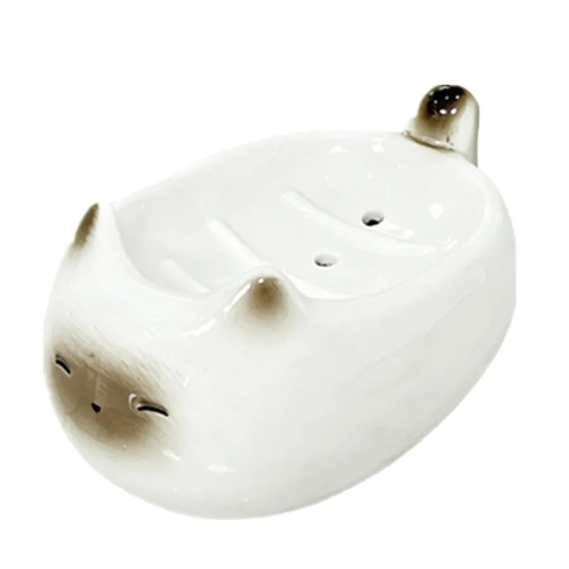 WHYOU Cute Cat Ceramic Soap Dish Holder Drain Portable Home Bathroom Hotel Soap Box Tray Bathroom Accessories Crafts Gift