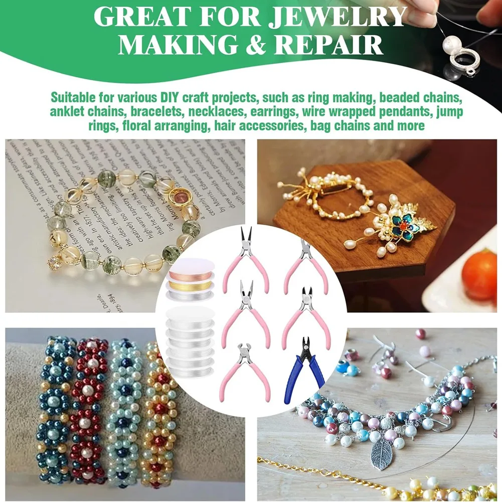

CGS-17Pcs Jewelry Pliers With 0.4Mm, 0.5Mm, 0.6Mm, 0.7Mm, 0.8Mm, 1Mm Elastic Bracelet String Cord & 26 Gauge Jewelry Wire