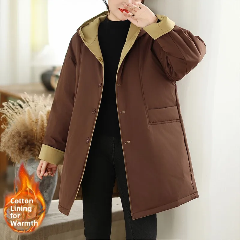 

Повседневное двустороннее хлопковое дэт с капюшоном, женское утягивающее универсальное хлопковое пальто средней длины, свободный крой, для поездок на работу