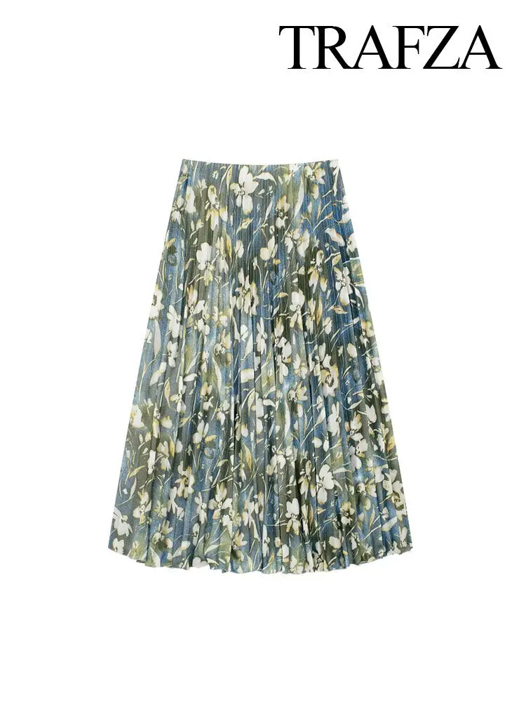 New 2024 Spring Women's Fashion Midi Pleated Metallic Floral Print Versatile Vintage High Waist A-Line Retro Chic Skirt