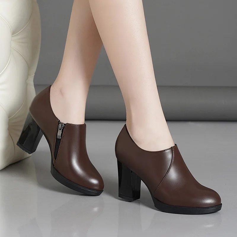 

Comfort 7cm Elegant Black Block High Heels Shoes Deep Mouth Spring 2025 Thick Platform Pumps Soft Leather for Office Model Work