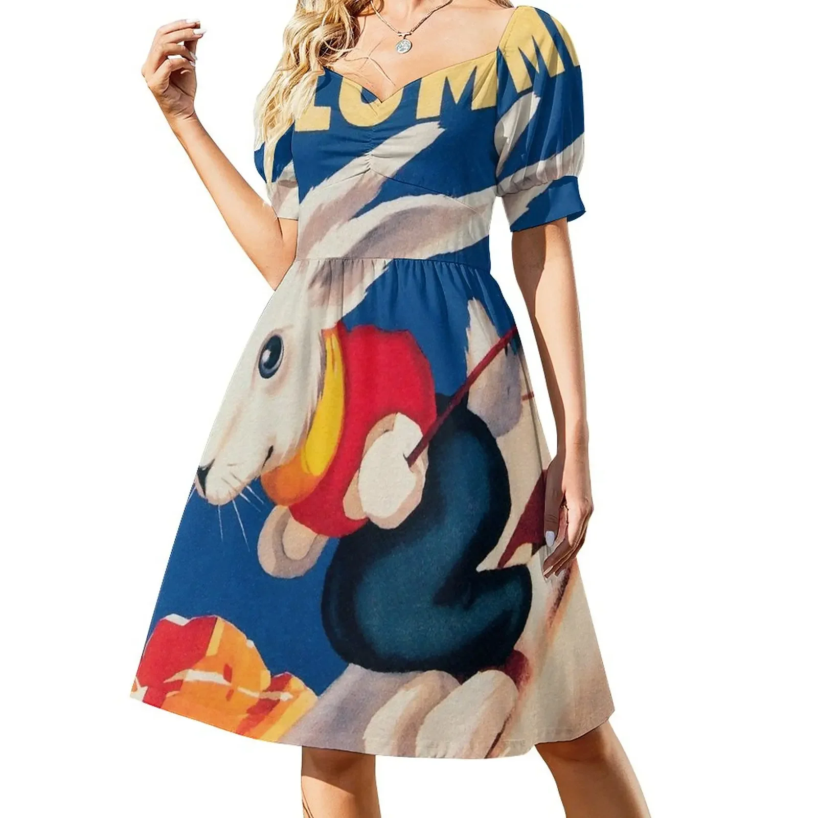 

Ski Bunny Rabbit vintage winter sport travel advert Short-Sleeved Dress women's evening dresses 2025 dresses for womens 2025